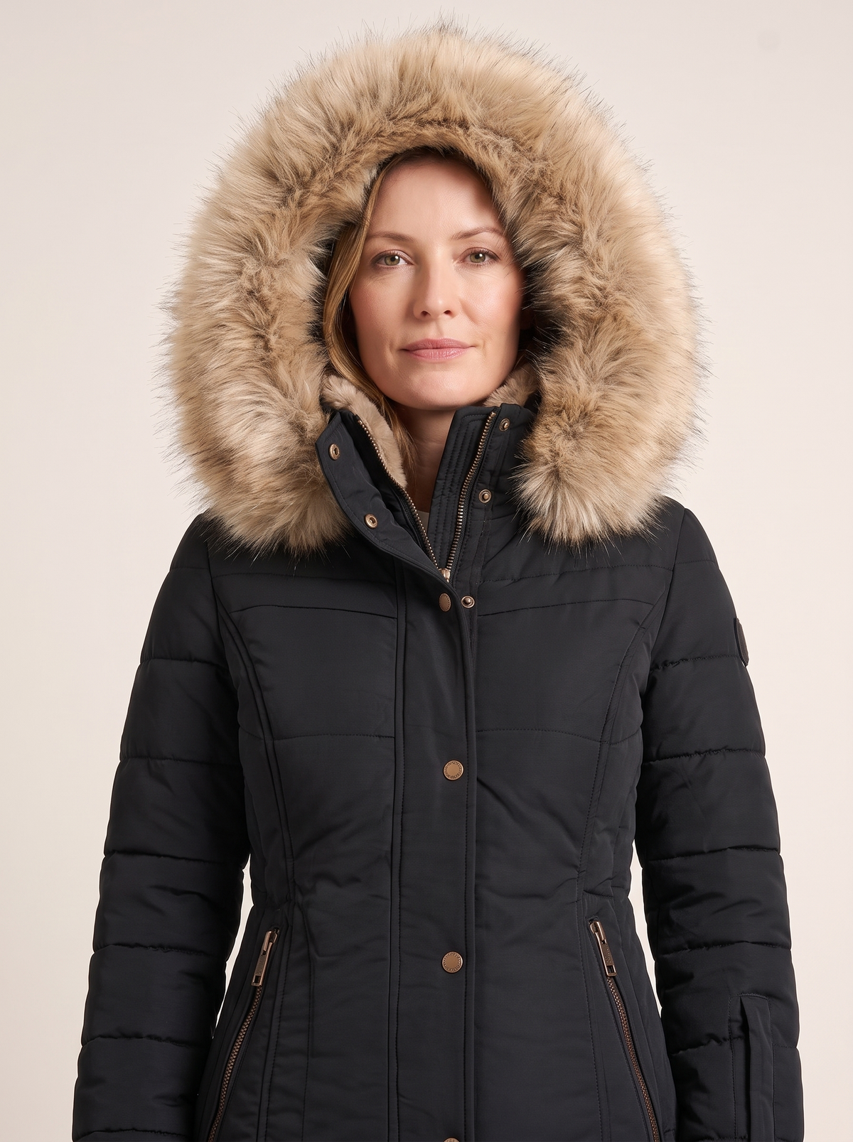 Séverine | Parka Matelassée à Capuche Bordée de Fausse Fourrure - Noir, capuche en fausse fourrure