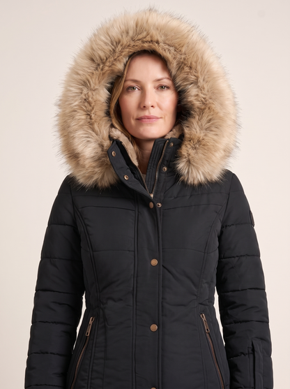 Séverine | Parka Matelassée à Capuche Bordée de Fausse Fourrure - Noir, capuche en fausse fourrure