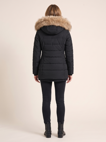 Séverine | Parka Matelassée à Capuche Bordée de Fausse Fourrure - Noir, vue de dos