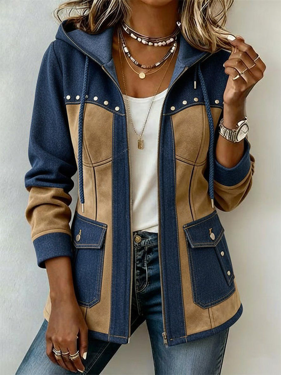 Thaïs | Veste à Capuche Style Patchwork - Bleu et beige