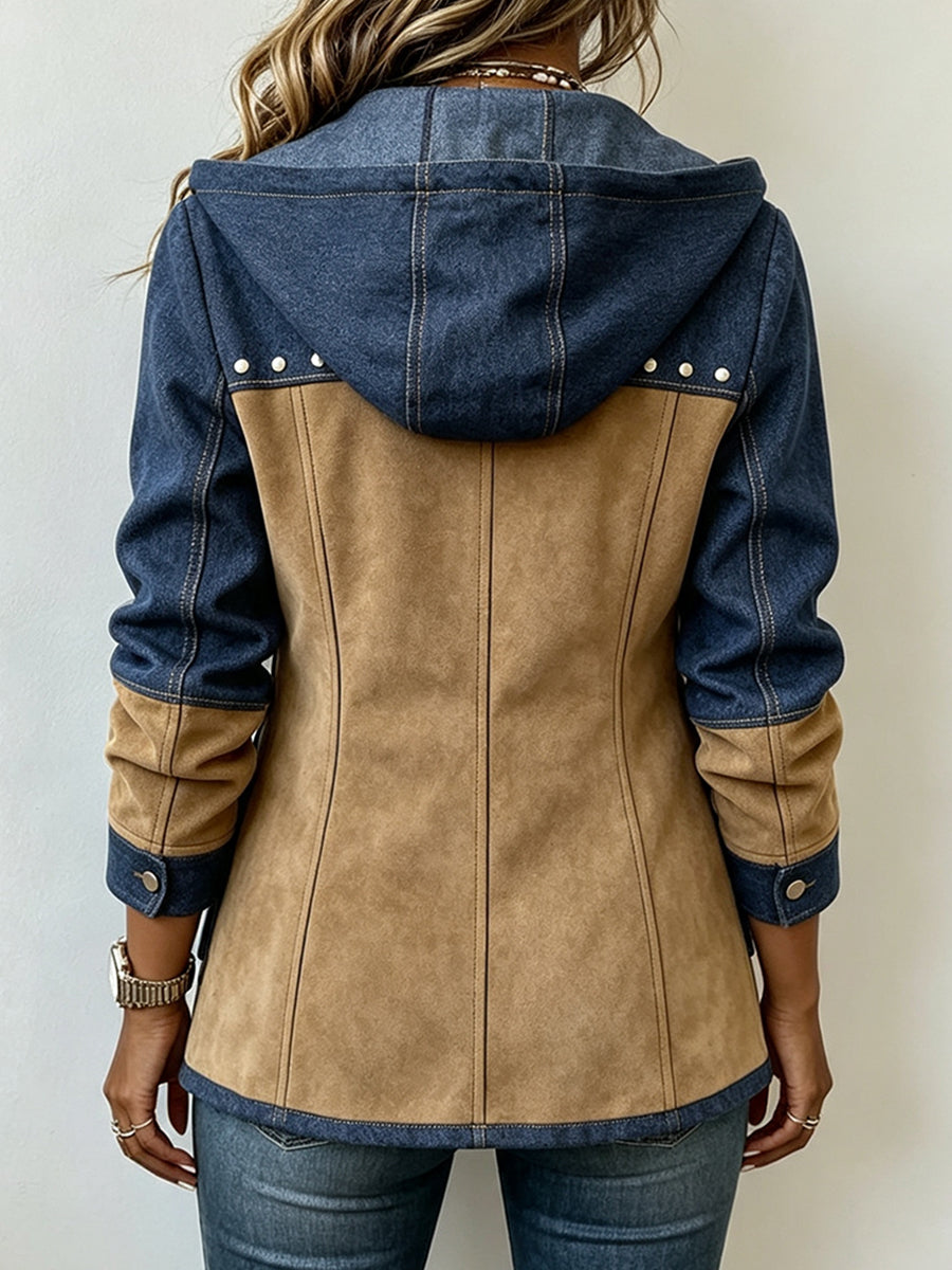 Thaïs | Veste à Capuche Style Patchwork - Bleu et beige (dos)