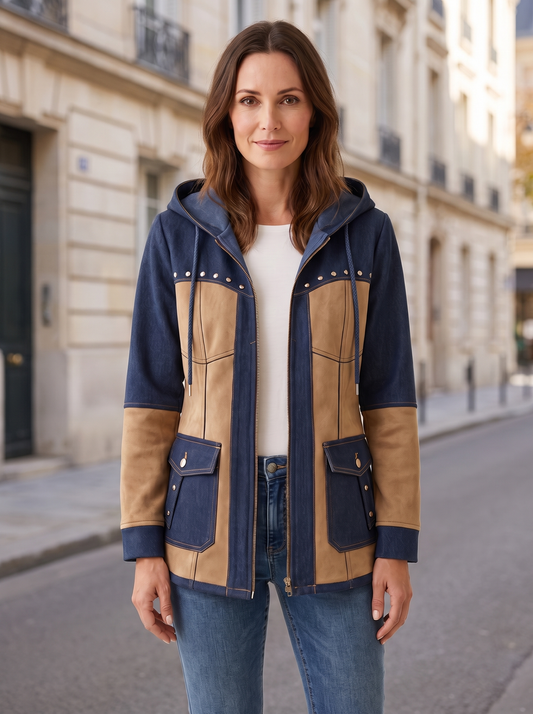 Thaïs | Veste à Capuche Style Patchwork - Bleu et beige, portée à Paris