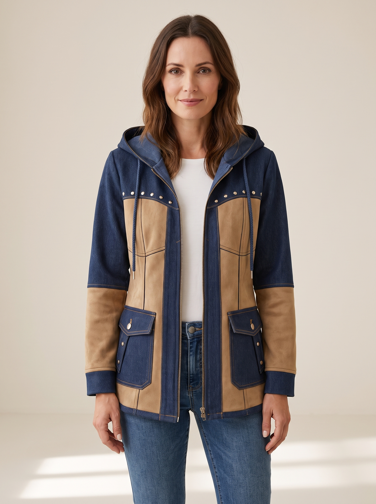 Thaïs | Veste à Capuche Style Patchwork - Bleu et beige
